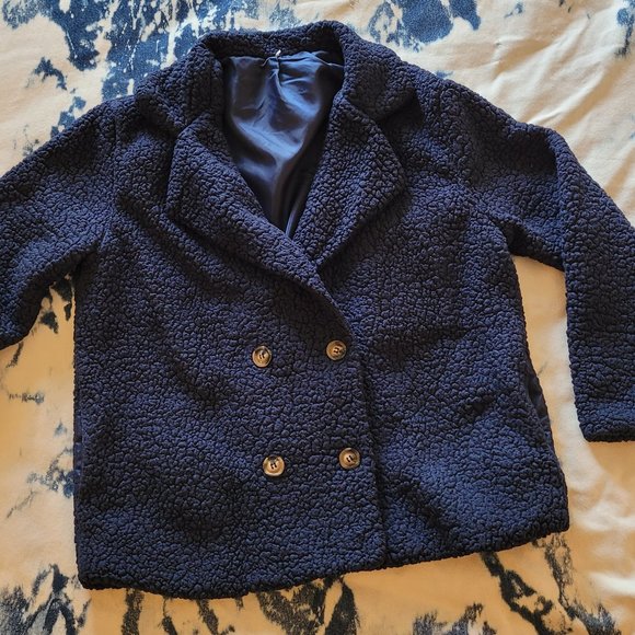 Navy blue faux sheepskin fuzzy jacket - Picture 1 of 3